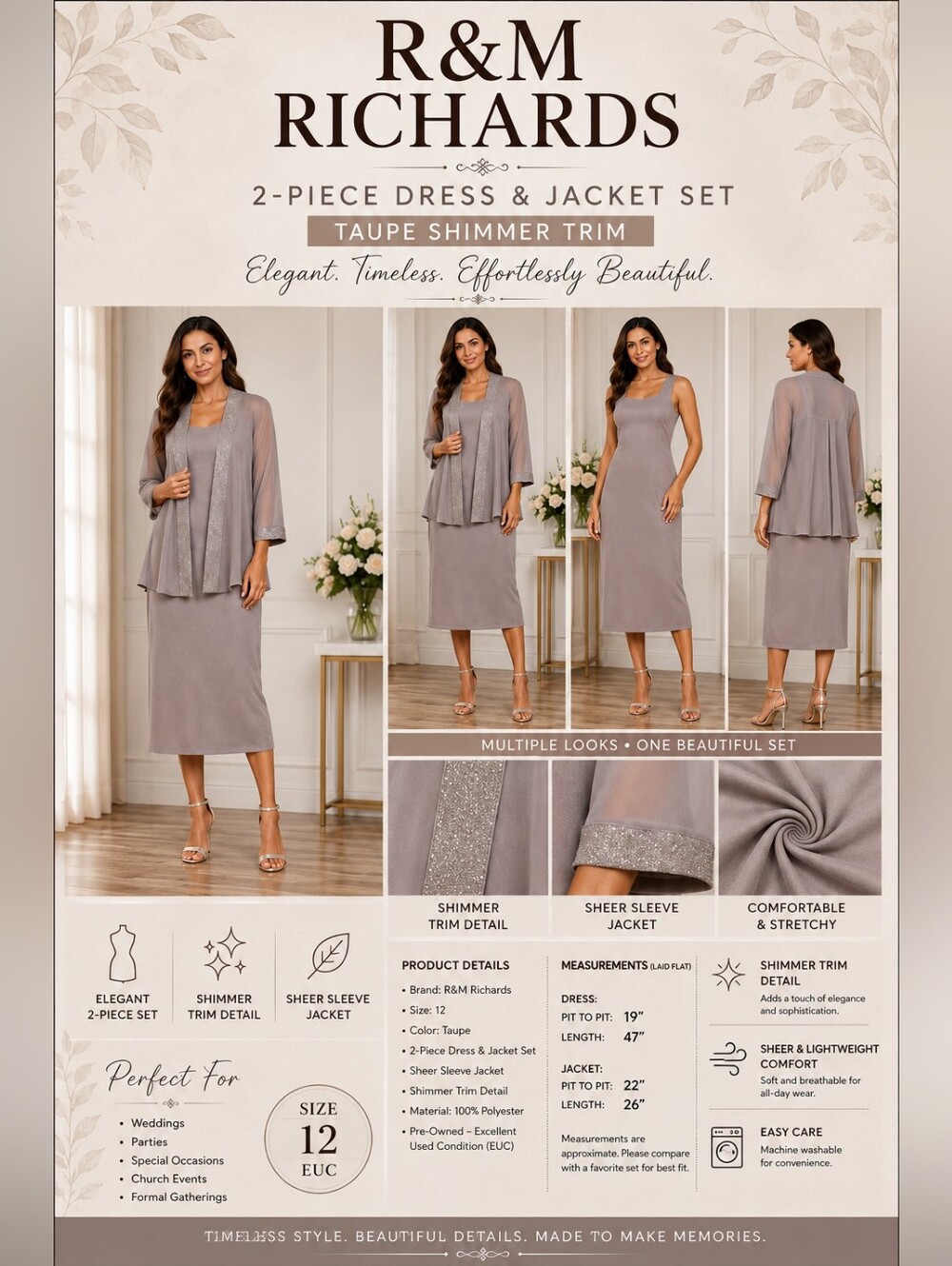 R&M Richards Size 12 Taupe Shimmer Trim Dress & Sheer Sleeve Jacket Set EUC